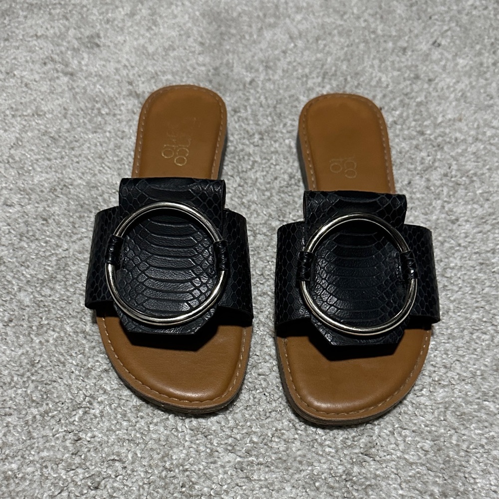 Franco Sarto Black Slide Sandals with Silver Accent